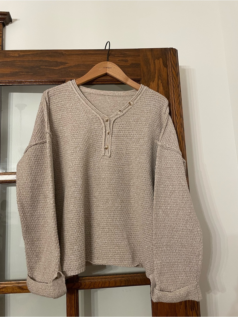 SHEIN Beige Waffle-Knit Henley Crewneck Sweater